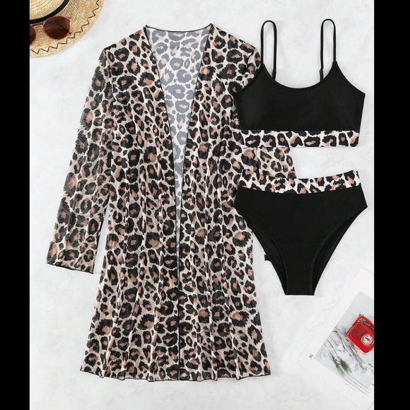 SHEIN 2pcs Set Leopard Print Bikini Swimsuit With Top & Shorts Cover Up - Picture 6 of 16